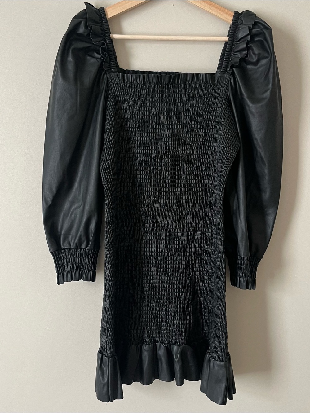 AllSaints Black Smocked Mini Dress with Puff Leather-Look Sleeves